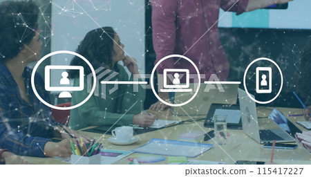 Image of data processing over diverse business people working in office Image of data processing over diverse business people working in office 115417227