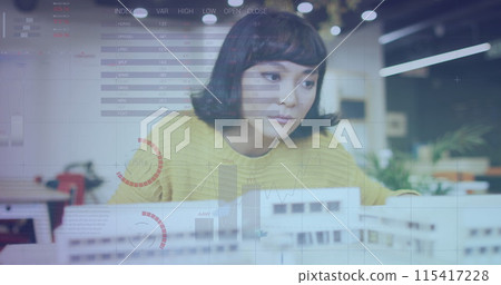 Image of data processing over biracial businesswoman working in architect's office Image of data processing over biracial businesswoman working in architect's office 115417228
