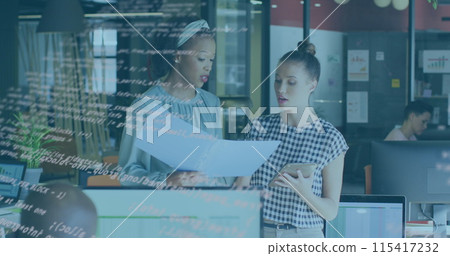 Image of data processing over diverse business people working in office 115417232