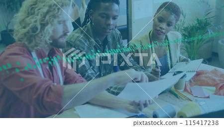Image of data processing over diverse business people working in office Image of data processing over diverse business people working in office 115417238