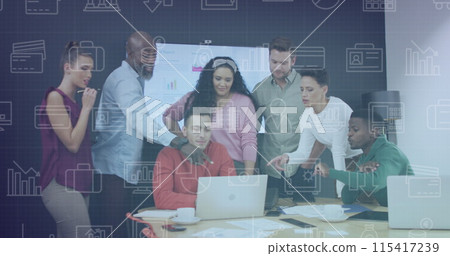 Image of data processing over diverse business people working in office Image of data processing over diverse business people working in office 115417239
