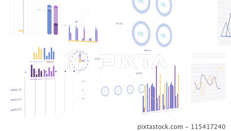Image of statistics and financial data processing over white background Image of statistics and financial data processing over white background 115417240