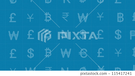 Image of financial data processing and currency symbols over blue background 115417241