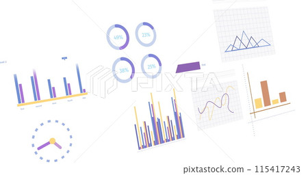 Image of statistics, graphs and financial data processing over white background Image of statistics, graphs and financial data processing over white background 115417243