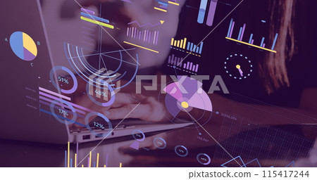 Image of statistics and financial data processing over caucasian woman using laptop Image of statistics and financial data processing over caucasian woman using laptop 115417244