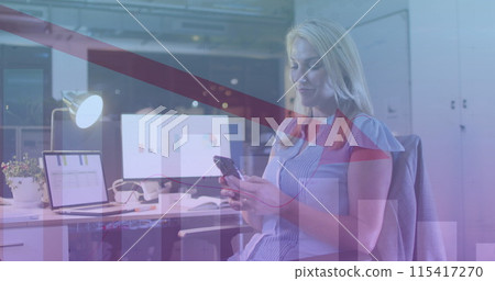 Image of data processing over caucasian businesswoman working in office Image of data processing over caucasian businesswoman working in office 115417270