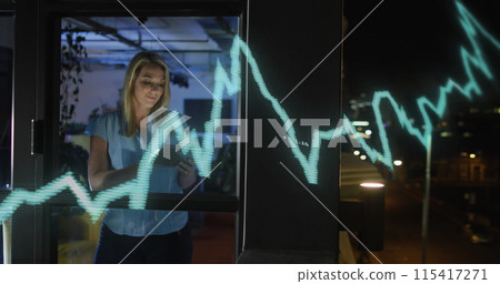 Image of data processing over caucasian businesswoman working in office Image of data processing over caucasian businesswoman working in office 115417271