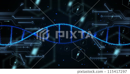Image of icons, dna strand over data processing 115417297