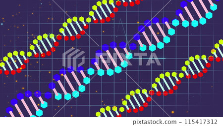 Image of icons, dna strands over data processing Image of icons, dna strands over data processing 115417312