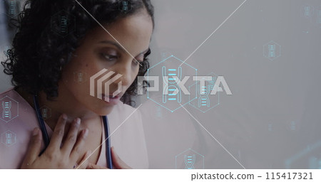 Image of network of medical icons and data processing over biracial female doctor Image of network of medical icons and data processing over biracial female doctor 115417321
