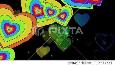 Image of rainbow hearts over black background 115417331