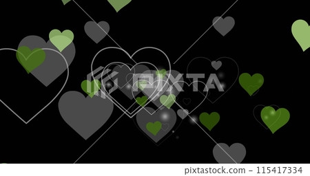 Image of green and grey hearts floating on black background 115417334