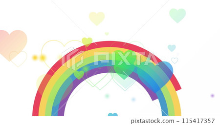 Image of rainbow hearts over rainbow on white background Image of rainbow hearts over rainbow on white background 115417357