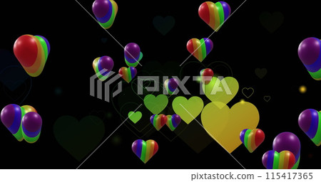 Image of rainbow hearts over black background 115417365