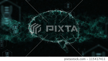 Image of human brain and dna strand over data processing Image of human brain and dna strand over data processing 115417411