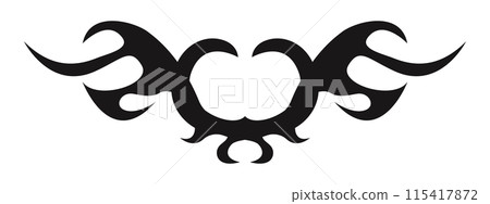 Neo tribal y2k wings flame aesthetic tattoo gothic cover, fire or wings abstract silhouette isolated on background. Divider, border, cyber body ornament, neotribal web goth decoration Neo tribal y2k wings flame aesthetic tattoo gothic cover, fire or wings abstract silhouette isolated on background. Divider, border, cyber body ornament, neotribal web goth decoration 115417872