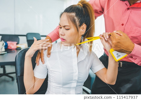 The boss or supervisor is harassing and hurting a female employee. Causing young employees to resist because they are uncomfortable and afraid of being sexually abused. Concept of sexual harassment in The boss or supervisor is harassing and hurting a female employee. Causing young employees to resist because they are uncomfortable and afraid of being sexually abused. Concept of sexual harassment in 115417937