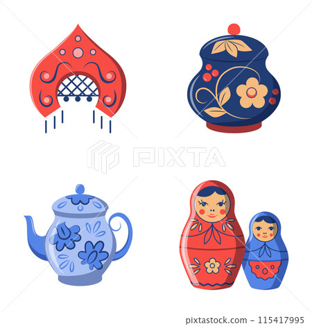 Russian folk crafts flat icon set 115417995