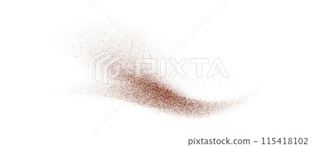 Coffee, cocoa or chocolate powder particles and speckles. Brown dust or sand wavy element. Ground beans, grains and granules wave flowing shape. Vector sprayed specks overlay illustration 115418102