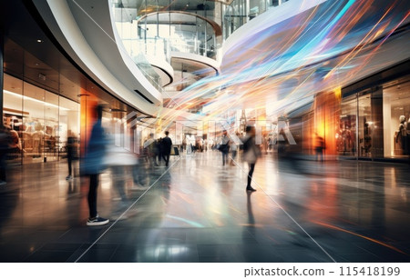 Motion blur effect, busy shopping mall scene, diverse people with colorful shopping bags Motion blur effect, busy shopping mall scene, diverse people with colorful shopping bags 115418199