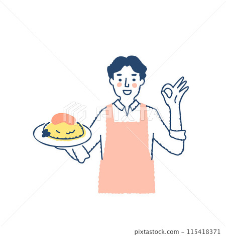 A man wearing an apron holding an omelet rice A man wearing an apron holding an omelet rice 115418371