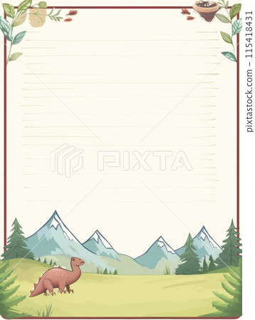 Sheet template for notebook, dinosaurs in the forest, Cartoon, notepad, diary. Lined paper. Cute character. With a color image. 115418431