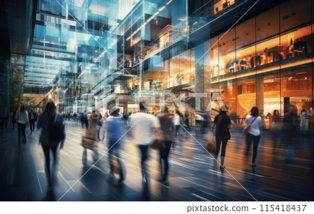 Motion blur effect, busy shopping mall scene, diverse people with colorful shopping bags Motion blur effect, busy shopping mall scene, diverse people with colorful shopping bags 115418437