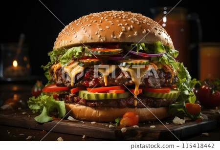 Junk food yummy Meat hamburger on wooden Junk food yummy Meat hamburger on wooden 115418442