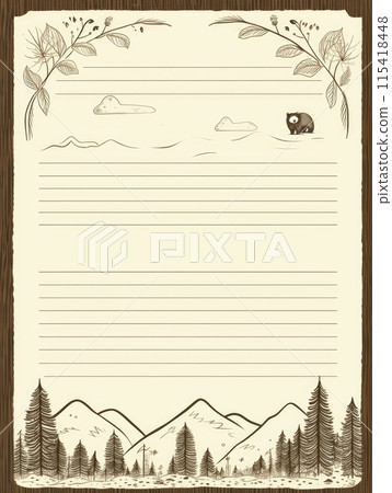 Sheet template for notebook, cute animals in the forest, Cartoon, notepad, diary. Lined paper. Cute character. 115418448