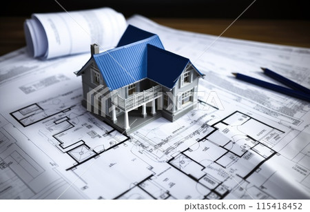 Architectural blueprints and a drawing instruments on the worktable, black and white. 115418452