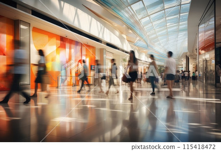 Motion blur effect, busy shopping mall scene, diverse people with colorful shopping bags 115418472