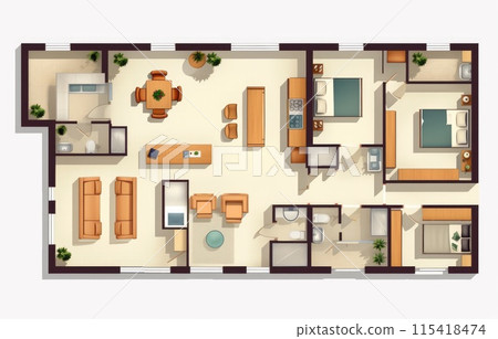 Architectural floor plan of a house. Drawing of the cottage with furniture arrangement. One-storey building isolated on white background Architectural floor plan of a house. Drawing of the cottage with furniture arrangement. One-storey building isolated on white background 115418474