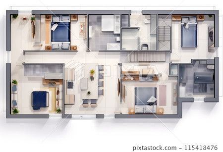3D Top view landscape design plan with house, a private house with kitchen, bedrooms, living room, dining room, bathroom and furniture. 3D Top view landscape design plan with house, a private house with kitchen, bedrooms, living room, dining room, bathroom and furniture. 115418476