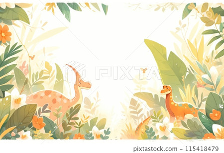 Jungle scrapbook page with cute dinosaur in corner, Forest with dinosaurs and foliage, for kids. Jungle scrapbook page with cute dinosaur in corner, Forest with dinosaurs and foliage, for kids. 115418479