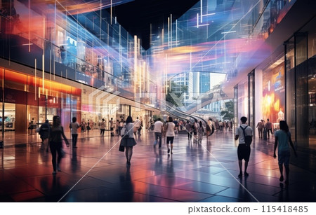 Motion blur effect, busy shopping mall scene, diverse people with colorful shopping bags Motion blur effect, busy shopping mall scene, diverse people with colorful shopping bags 115418485