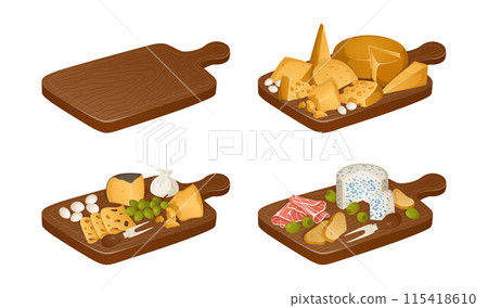 Set of cutting boards with food and without. Different types of cheeses on cheese tray in realistic style. Vector illustration. 115418610
