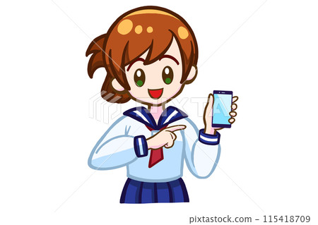 A smiling female student holding a smartphone and pointing 115418709