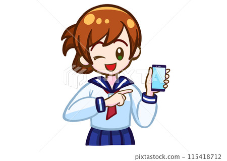 A female student winking with a smartphone 115418712