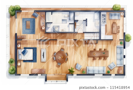 3D Top view landscape design plan with house, a private house with kitchen, bedrooms, living room, dining room, bathroom and furniture. 115418954