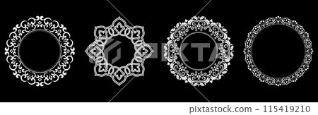 Set of decorative frames Elegant vector element for design in Eastern style, place for text. Floral black and white borders. Lace illustration for invitations and greeting cards. Set of decorative frames Elegant vector element for design in Eastern style, place for text. Floral black and white borders. Lace illustration for invitations and greeting cards. 115419210