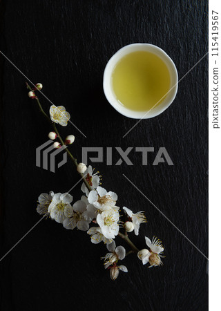 Traditional Japanese tea and apricot flowers. 115419567