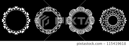 Set of decorative frames Elegant vector element for design in Eastern style, place for text. Floral black and white borders. Lace illustration for invitations and greeting cards. 115419618