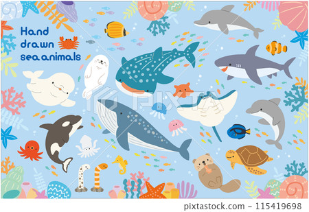 水族箱海洋生物手繪插畫素材組（藍色） 115419698