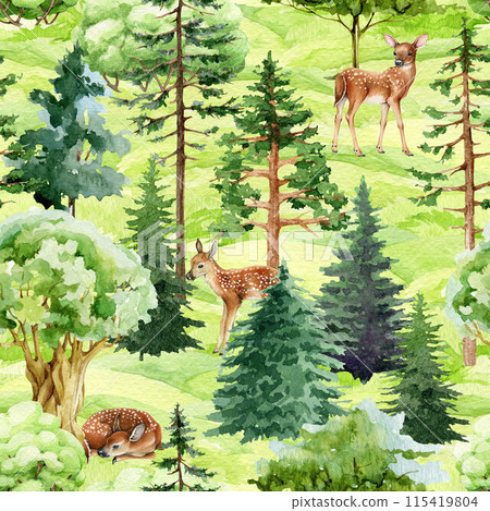 Reindeers in the forest seamless pattern. Watercolor vintage style illustration. Hand drawn deer animals in the woodland. Wildlife animals in the mix forest seamless pattern 115419804
