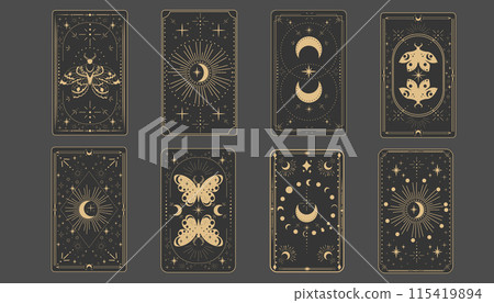 Tarot reverce border magic sacred cover card frame gold line border celelstial mystery esoteric decoration with moth stars and moon on dark background. 115419894