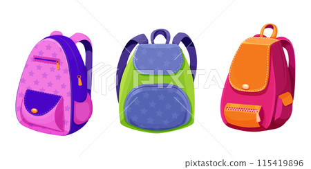 School backpack knapsack study bag, equipment, kids bag with pockets bright colors isolated on white background. Accesory for suplies, baggage. School backpack knapsack study bag, equipment, kids bag with pockets bright colors isolated on white background. Accesory for suplies, baggage. 115419896