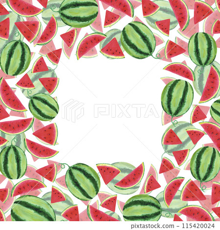 Hand drawn watercolor watermelon with slices frame border isolated on white background. Can be used for post card, label, scrapbook and other printed products. 115420024