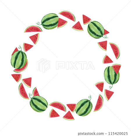 Hand drawn watercolor watermelon with slices frame border isolated on white background. Can be used for post card, label, scrapbook and other printed products. 115420025