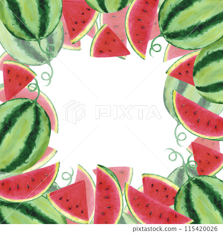 Hand drawn watercolor watermelon with slices frame border isolated on white background. Can be used for post card, label, scrapbook and other printed products. Hand drawn watercolor watermelon with slices frame border isolated on white background. Can be used for post card, label, scrapbook and other printed products. 115420026