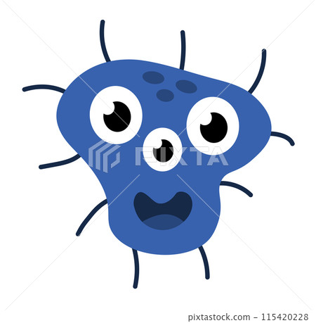 Cute cartoon blue character bacteria, microbe, germ. Microbiology organism. Mascot expressing emotion. Vector children illustration in flat design. 115420228